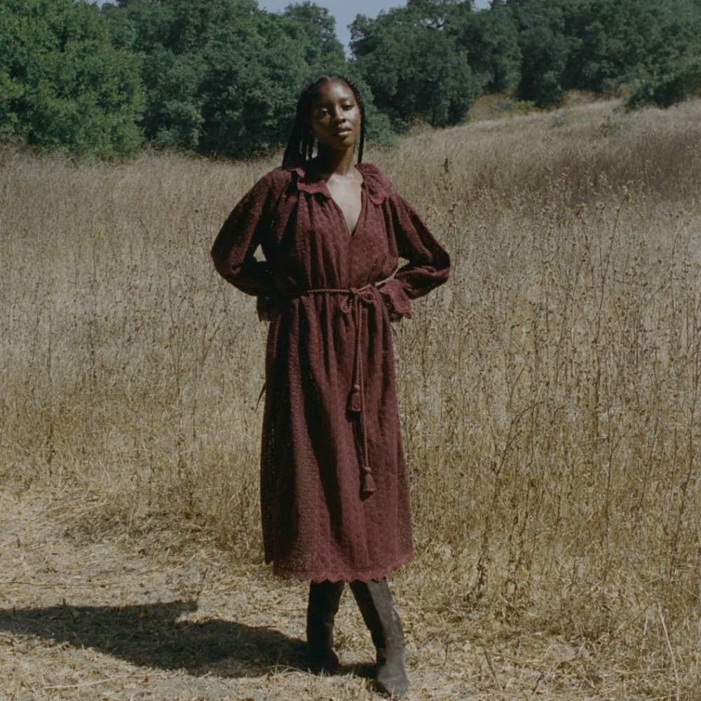Doen Burgundy Eyelet Midi Dress